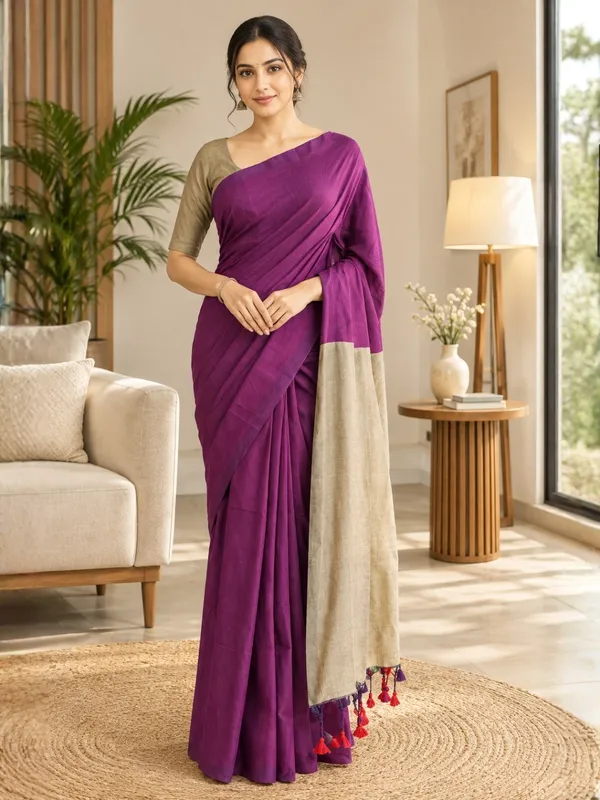 Plum_color_Plain_Handloom_Khadi_Cotton_Saree