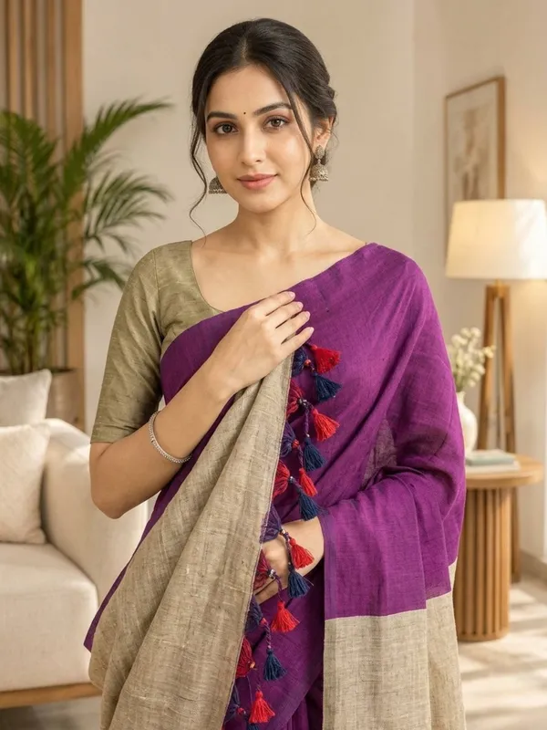 Plum_color_Plain_Handloom_Khadi_Cotton_Saree