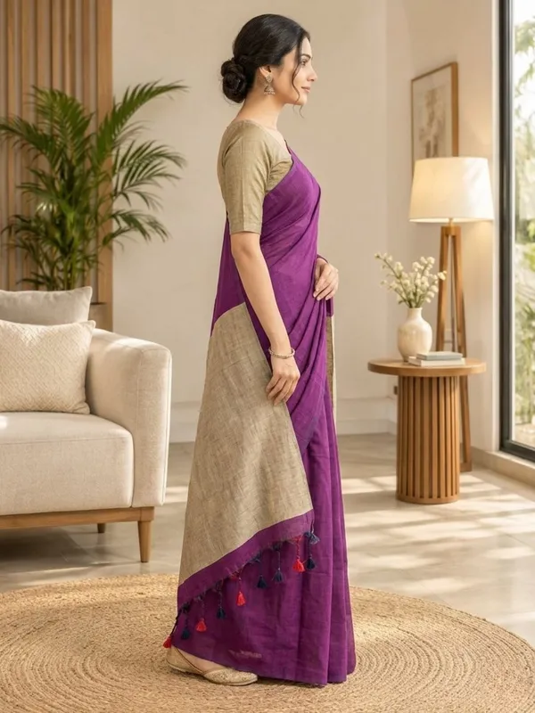 Plum_color_Plain_Handloom_Khadi_Cotton_Saree