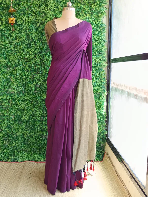 Plum_color_Plain_Handloom_Khadi_Cotton_Saree