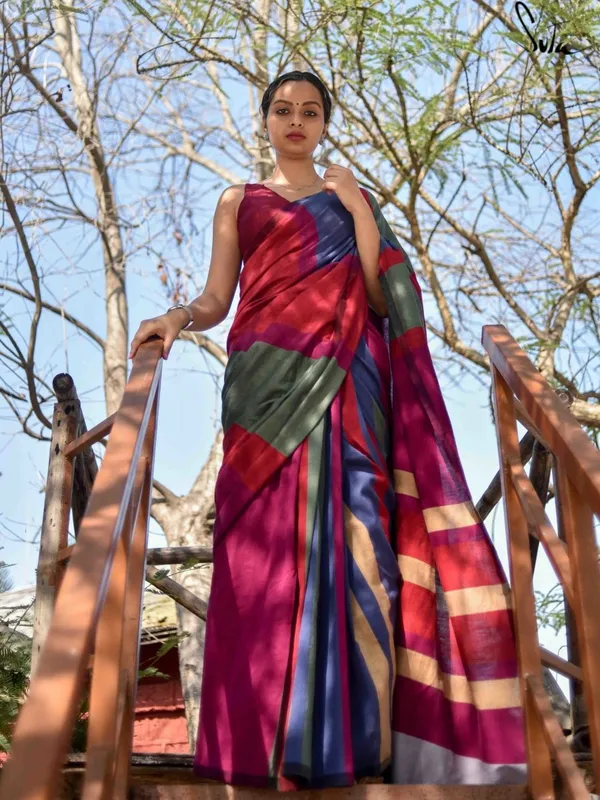 Purple,_Maroon,_Blue_color_Striped_Mul_Cotton_Saree_with_Tassels._