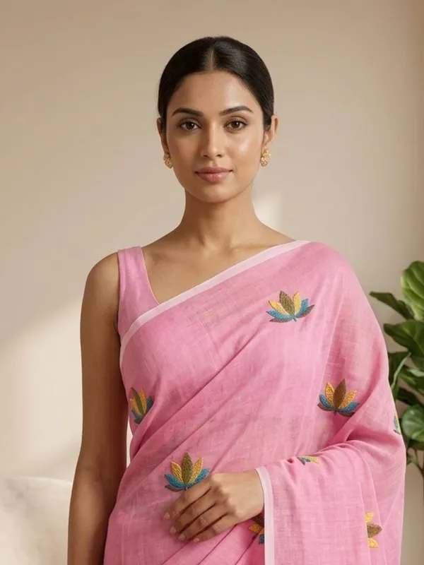 Rose_Pink_color_Mul_Cotton_Saree_with_lotus_embroidery_work_Design.