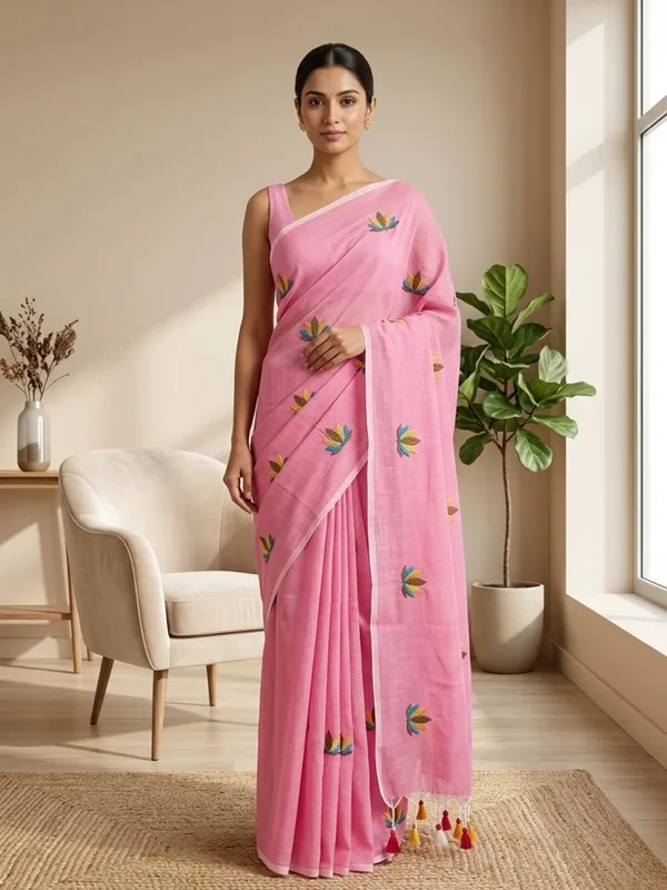 Rose_Pink_color_Mul_Cotton_Saree_with_lotus_embroidery_work_Design.