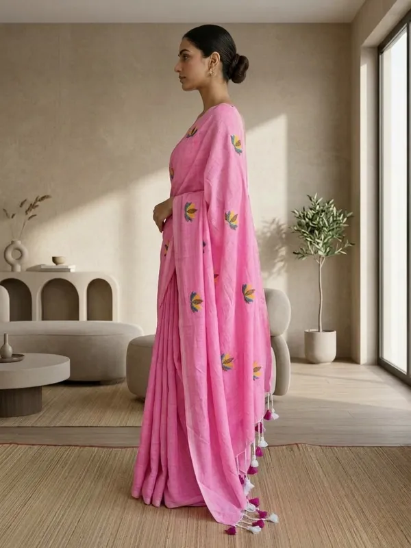 Rose_Pink_color_Mul_Cotton_Saree_with_lotus_embroidery_work_Design.