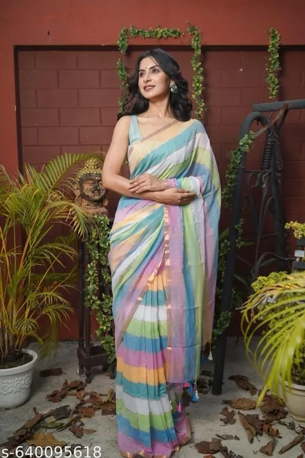 Striped_Multi_color_Mul_Cotton_Saree_with_Tassels