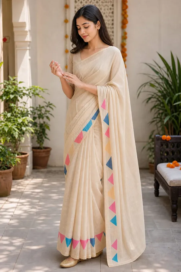 Tan_color_beautiful_triangle_design_printed_Linen_cotton_saree