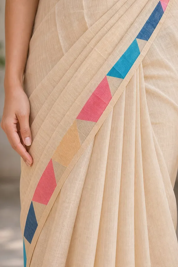 Tan_color_beautiful_triangle_design_printed_Linen_cotton_saree