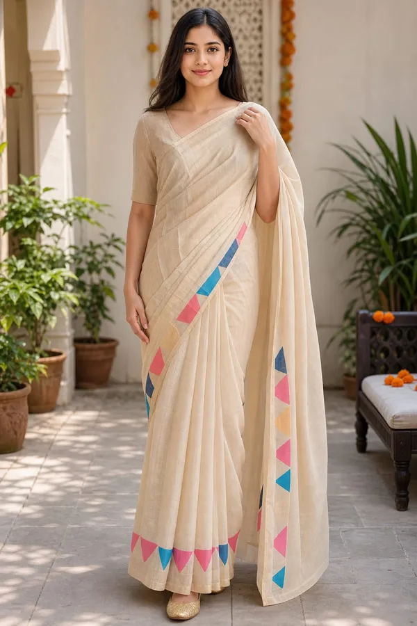 Tan_color_beautiful_triangle_design_printed_Linen_cotton_saree