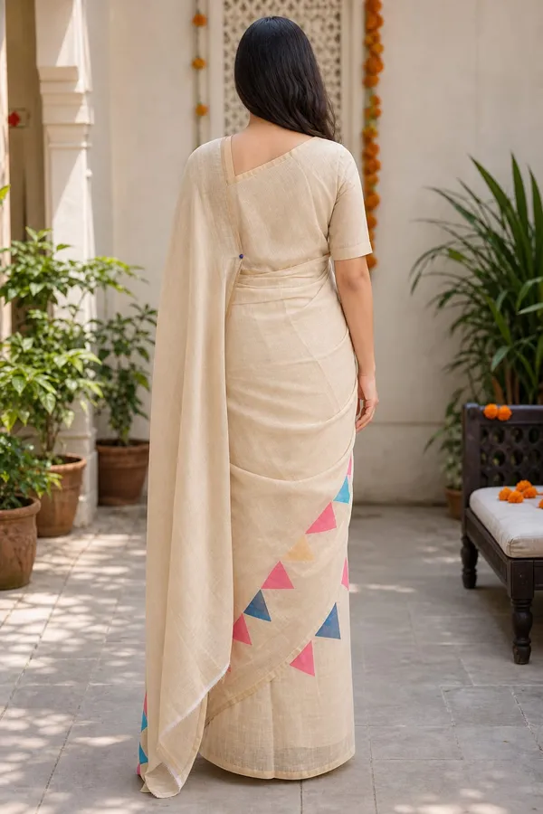 Tan_color_beautiful_triangle_design_printed_Linen_cotton_saree