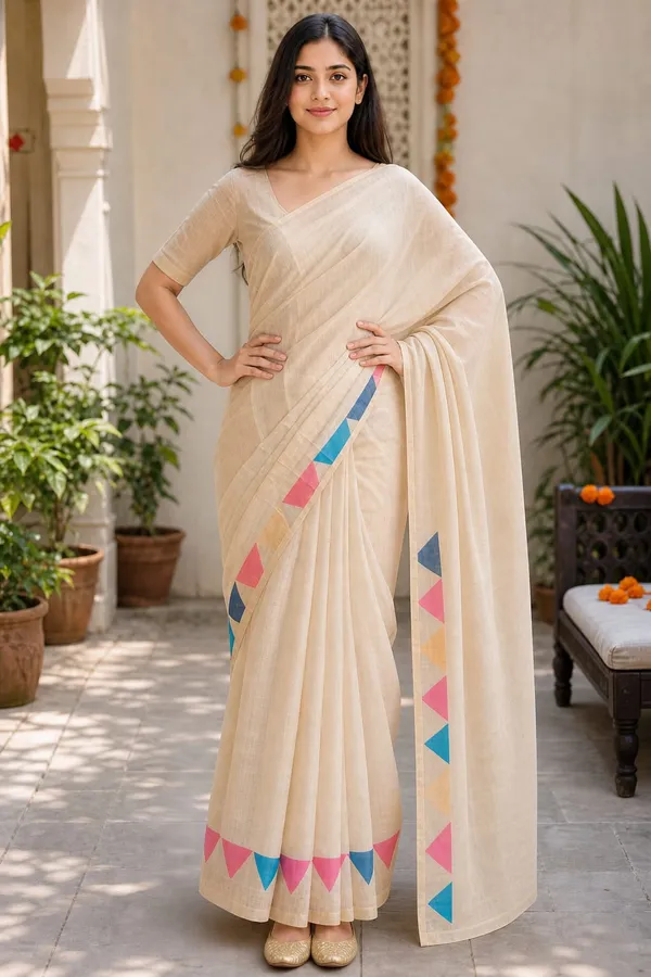 Tan_color_beautiful_triangle_design_printed_Linen_cotton_saree