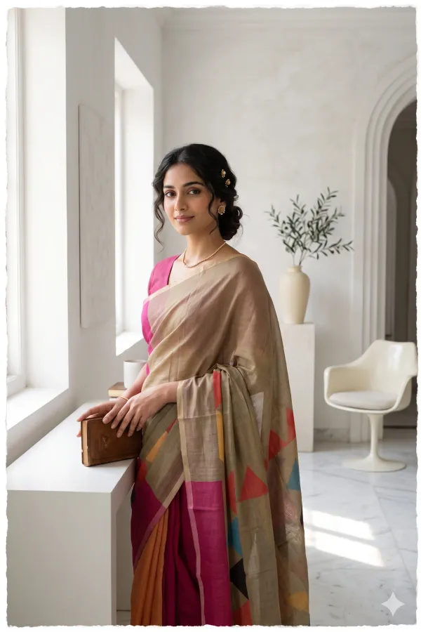 Tricolor_(_Mustered_Yellow,_Dark_Bric,_Mehandi_Green_)_Triangle_Design_Linen_Cotton_Saree