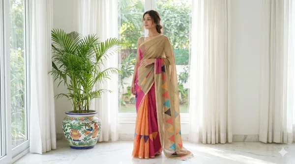 Tricolor_(_Mustered_Yellow,_Dark_Bric,_Mehandi_Green_)_Triangle_Design_Linen_Cotton_Saree