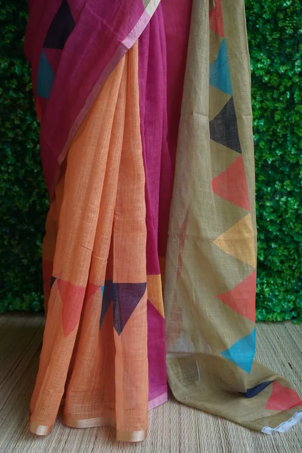 Tricolor_(_Mustered_Yellow,_Dark_Bric,_Mehandi_Green_)_Triangle_Design_Linen_Cotton_Saree