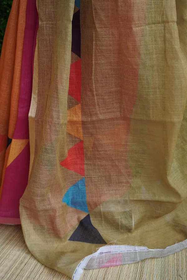 Tricolor_(_Mustered_Yellow,_Dark_Bric,_Mehandi_Green_)_Triangle_Design_Linen_Cotton_Saree