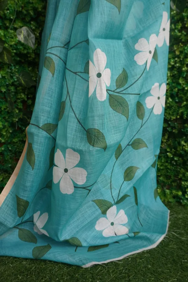 Turquoise_color_Beautiful_Flower_Print_Cotton_Saree