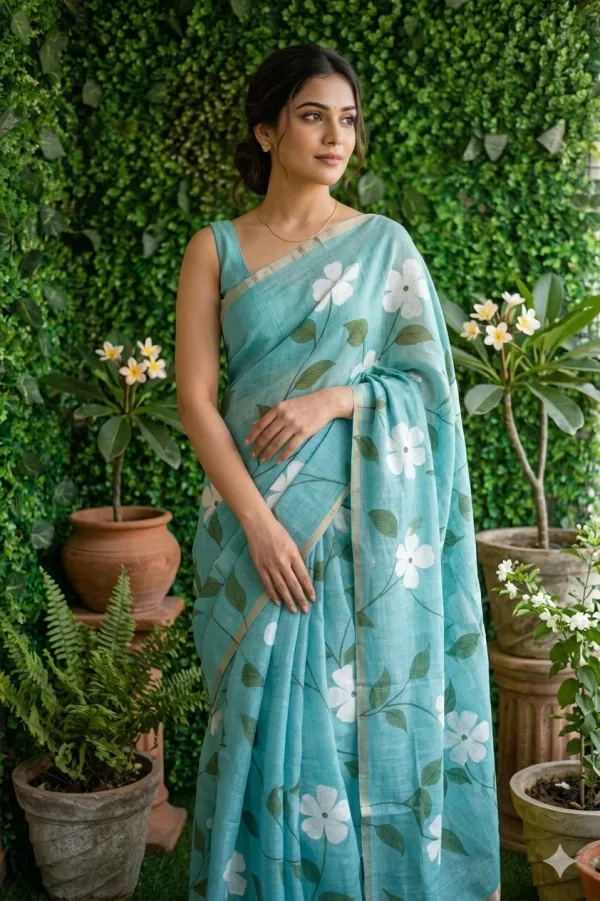 Turquoise_color_Beautiful_Flower_Print_Cotton_Saree