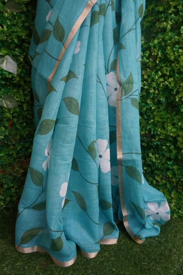 Turquoise_color_Beautiful_Flower_Print_Cotton_Saree