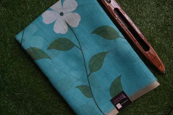 Turquoise_color_Beautiful_Flower_Print_Cotton_Saree