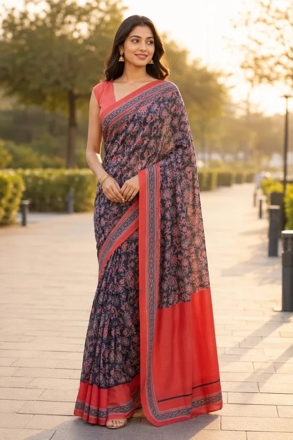 Black_and_Maroon_color_Chanderi_cotton_Printed_Saree