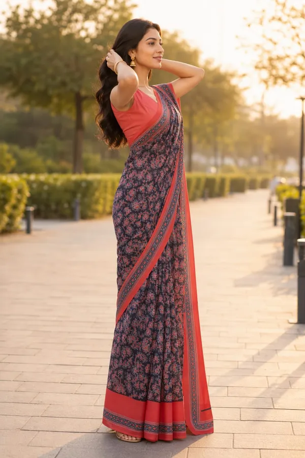 Black_and_Maroon_color_Chanderi_cotton_Printed_Saree