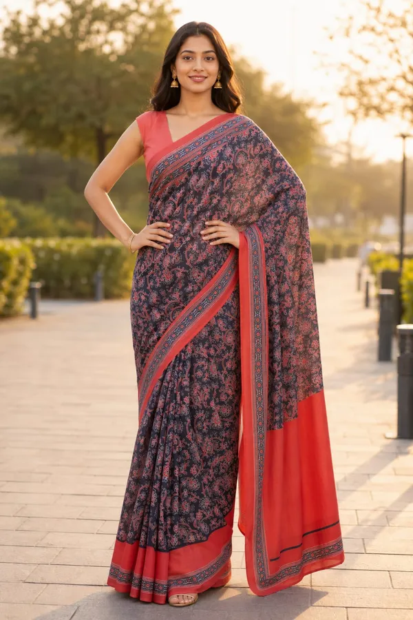 Black_and_Maroon_color_Chanderi_cotton_Printed_Saree