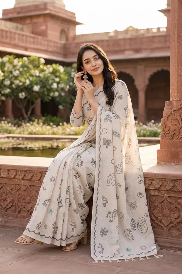 Warli_Design_Printed_Pearl_white_color_Chanderi_Cotton_Saree
