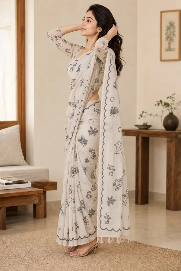 Warli_Design_Printed_Pearl_white_color_Chanderi_Cotton_Saree