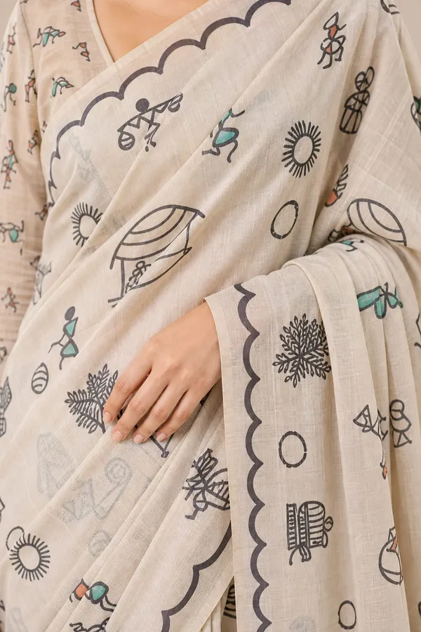 Warli_Design_Printed_Pearl_white_color_Chanderi_Cotton_Saree