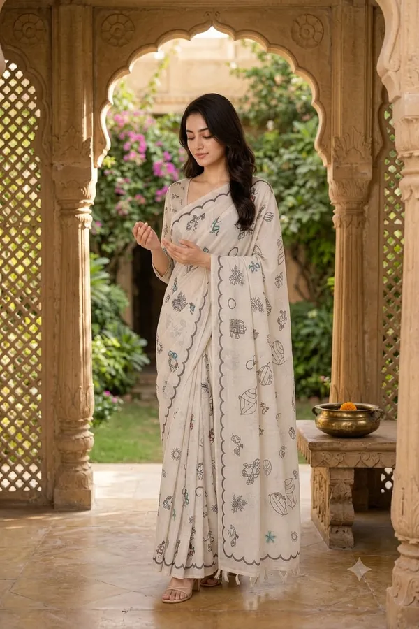 Warli_Design_Printed_Pearl_white_color_Chanderi_Cotton_Saree
