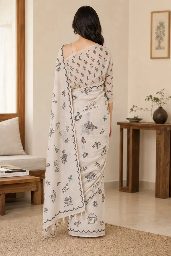 Warli_Design_Printed_Pearl_white_color_Chanderi_Cotton_Saree