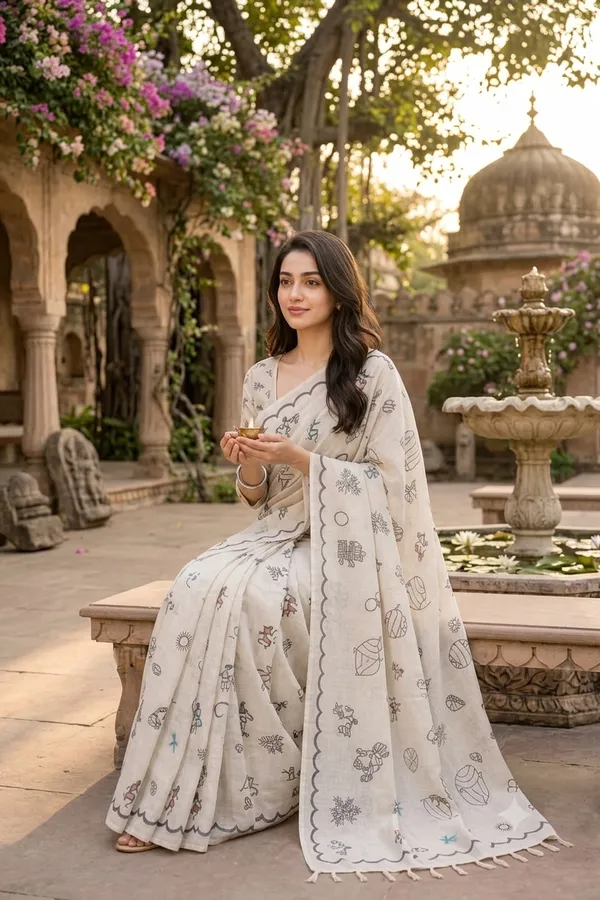 Warli_Design_Printed_Pearl_white_color_Chanderi_Cotton_Saree