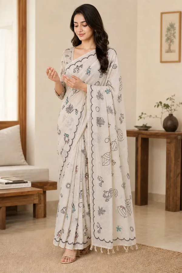 Warli_Design_Printed_Pearl_white_color_Chanderi_Cotton_Saree