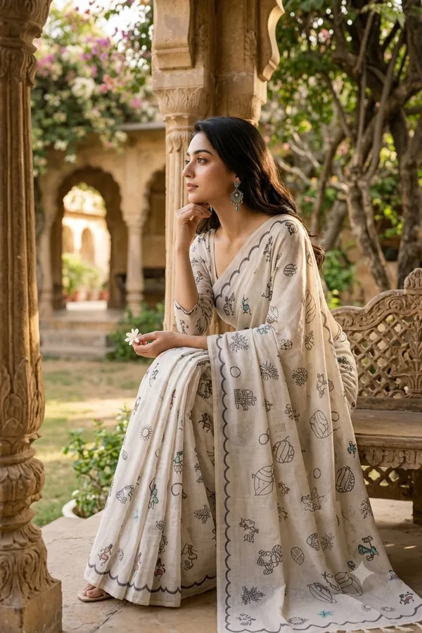 Warli_Design_Printed_Pearl_white_color_Chanderi_Cotton_Saree