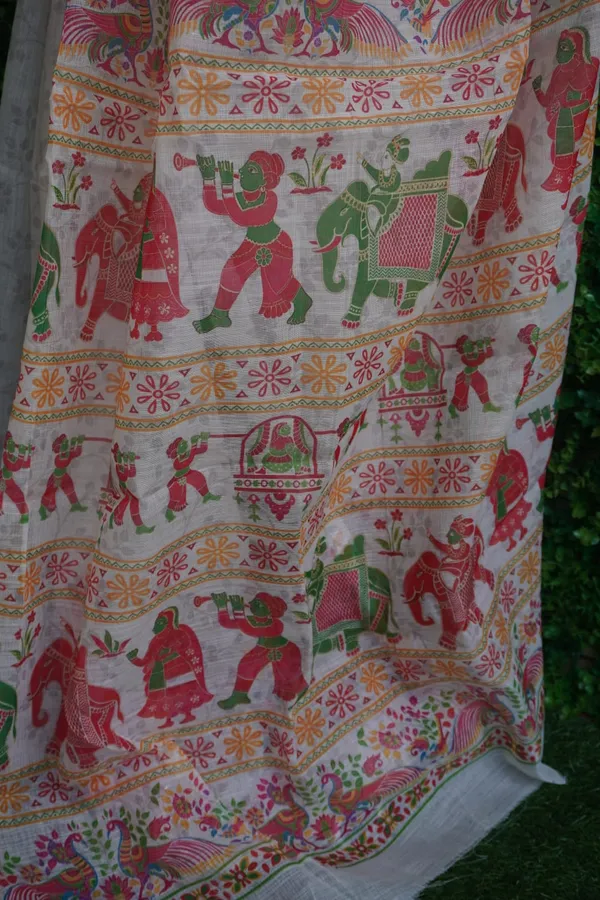 White_colour_Self_Embossed_Linen_Cotton_Printed_Saree