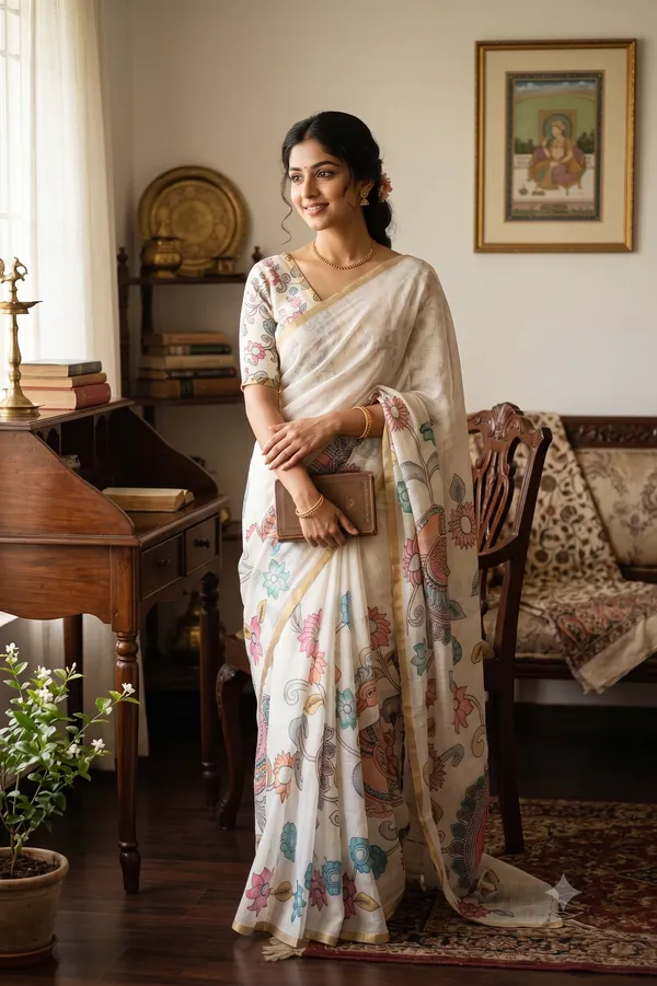 Thanjavur_Painting_Design_Printed_Half_White_Linen_Cotton_Casual_Light_Weight_Saree_For_Women