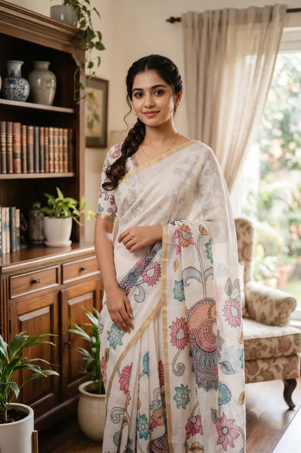 Thanjavur_Painting_Design_Printed_Half_White_Linen_Cotton_Casual_Light_Weight_Saree_For_Women