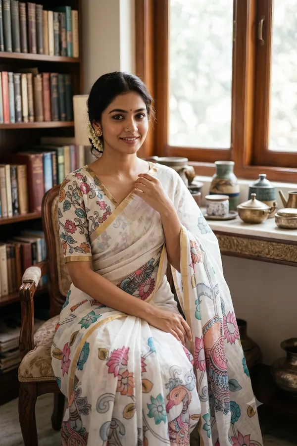 Thanjavur_Painting_Design_Printed_Half_White_Linen_Cotton_Casual_Light_Weight_Saree_For_Women