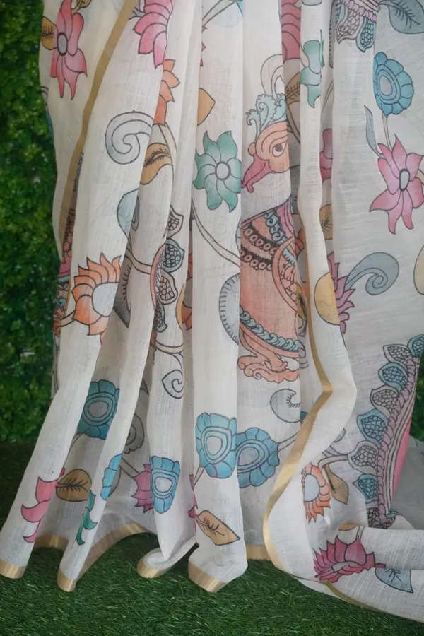 Thanjavur_Painting_Design_Printed_Half_White_Linen_Cotton_Casual_Light_Weight_Saree_For_Women