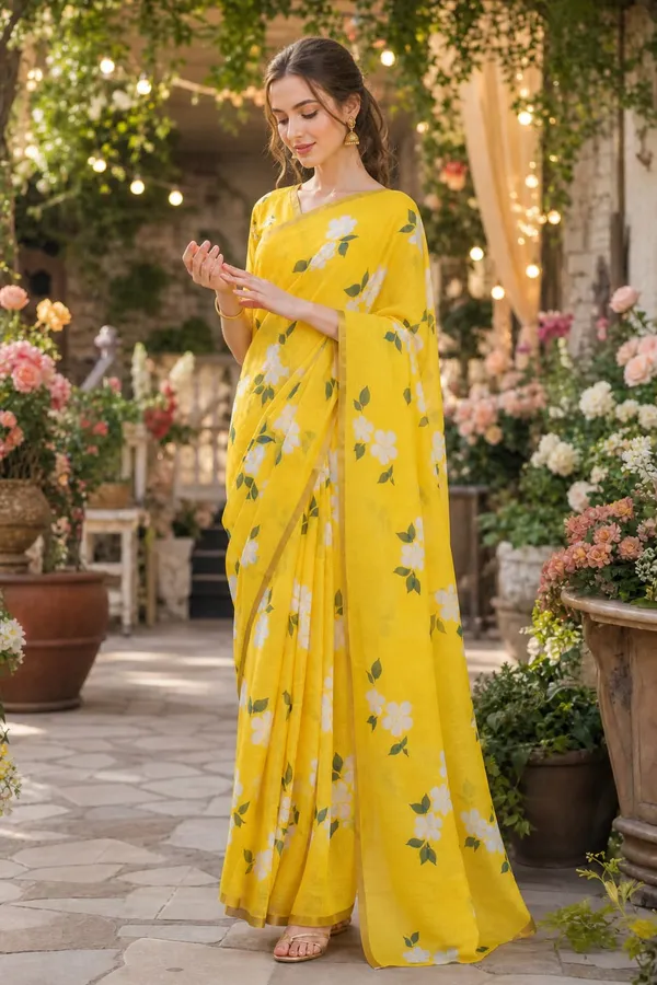 Yellow_Color_with_Beautiful_Flower_Print_Cotton_Linen_Saree