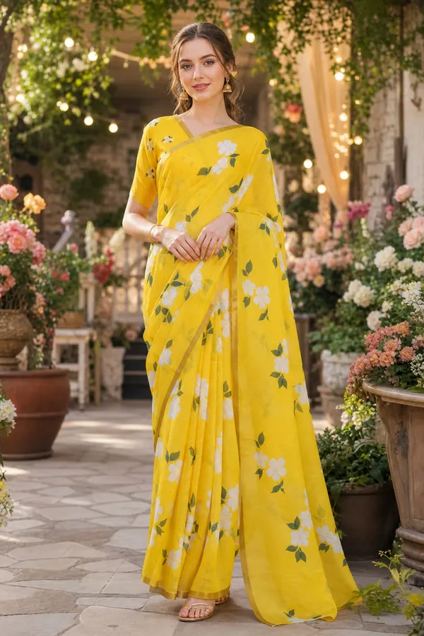 Yellow_Color_with_Beautiful_Flower_Print_Cotton_Linen_Saree