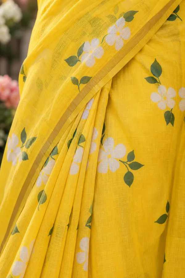 Yellow_Color_with_Beautiful_Flower_Print_Cotton_Linen_Saree