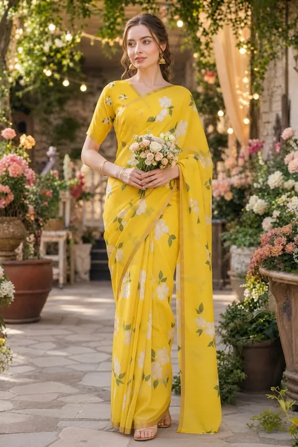 Yellow_Color_with_Beautiful_Flower_Print_Cotton_Linen_Saree