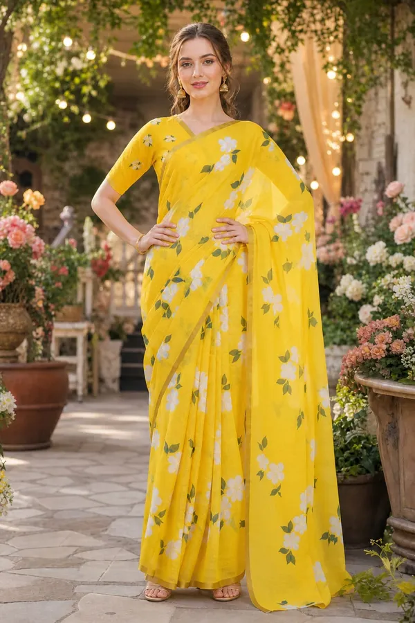 Yellow_Color_with_Beautiful_Flower_Print_Cotton_Linen_Saree