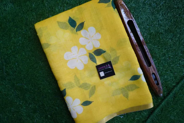 Yellow_Color_with_Beautiful_Flower_Print_Cotton_Linen_Saree