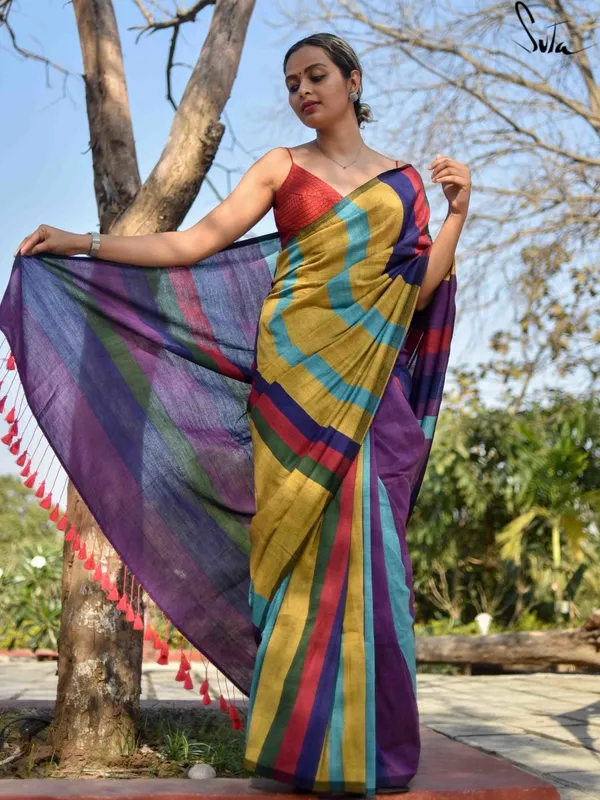 Yellow,_Purple_and_light_Blue_color_Striped_Mul_Cotton_Saree_with_Contrast_Tassels._