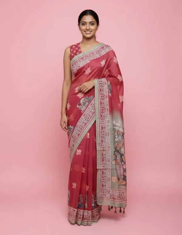 Dark_Maroon_color_Kalamkari_design_Printed_Chanderi_Cotton_saree