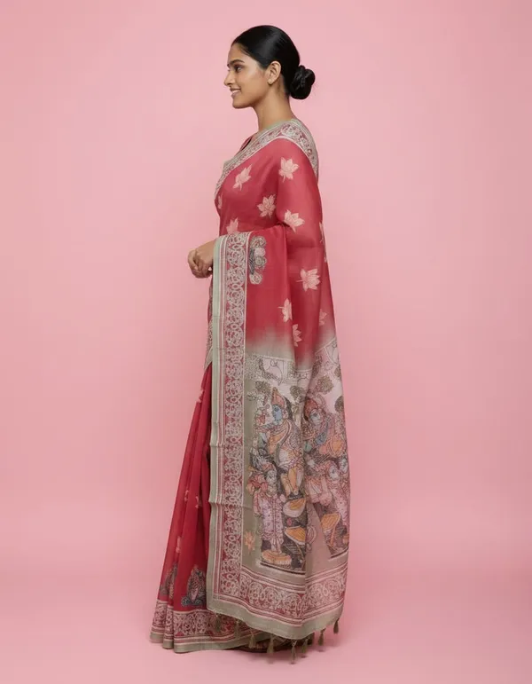 Dark_Maroon_color_Kalamkari_design_Printed_Chanderi_Cotton_saree