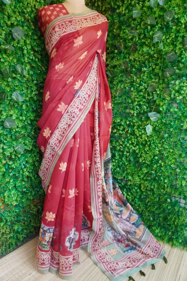 Dark_Maroon_color_Kalamkari_design_Printed_Chanderi_Cotton_saree