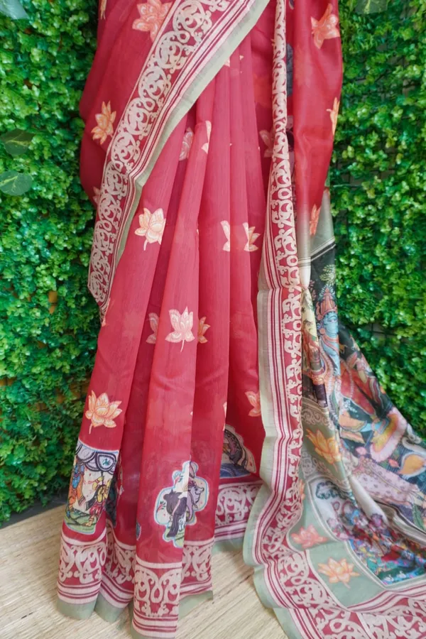 Dark_Maroon_color_Kalamkari_design_Printed_Chanderi_Cotton_saree