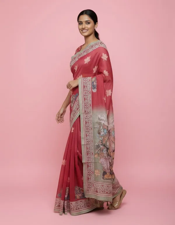 Dark_Maroon_color_Kalamkari_design_Printed_Chanderi_Cotton_saree